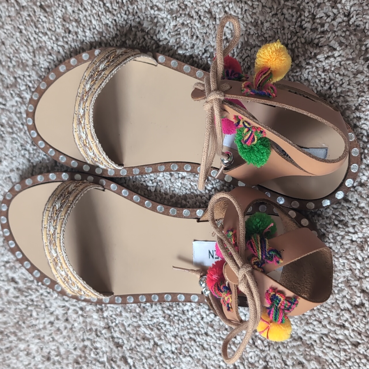 Steve Madden Diandra Colorful Pompom Tan & Metalic Leather Gladiator Sandals - 6